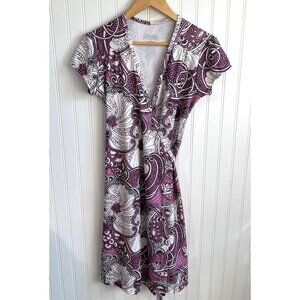 Athleta Wrap Dress Small Purple White Floral‎ Paisley Athletic Athleisure Midi